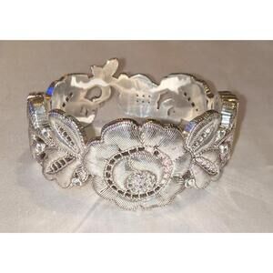 Brighton Floral Wide Crystal Hinged Bangle Bracelet Retired Silver Plated w/ Bag